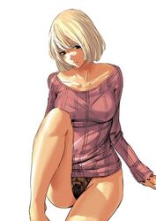  aoki_yuriko bakuman black_eyes blonde_hair breasts female large_breasts legs looking_at_viewer panties short_hair simple_background sitting solo sweater thighs underwear white_background 