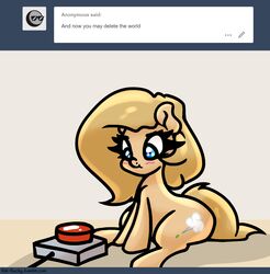  ask_blog backy_(mlp) blue_eyes blush cutie_mark digital_media_(artwork) earth_pony equid equine eyelashes fan_character female feral fur hair hasbro hi_res horse mammal my_little_pony ominous pony pushbutton sitting slavedemorto smile solo tan_body tan_fur tan_hair text tumblr user_avatar 