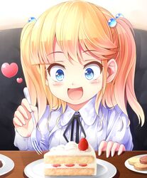  :d bad_id bad_pixiv_id blonde_hair blue_eyes blush cake female food fork hair_bobbles hair_ornament heart highres jikkyou_powerful_pro_yakyuu komimiyako long_hair open_mouth plate power_pro_kun_pocket power_pro_kun_pocket_8 smile solo two_side_up yukishiro_touko 