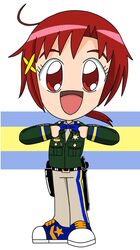  blazer bow bowtie california_highway_patrol commentary_request female hino_akane_(smile_precure!) holster jacket police police_badge police_uniform precure red_eyes red_hair schneider_(sierra-77) smile_precure solo t-baton uniform 