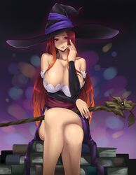  bare_shoulders book breasts cleavage commentary_request crossed_legs detached_sleeves dragon&#039;s_crown female hat highres huge_breasts legs light_smile long_hair purple_eyes red_hair sitting solo sorceress_(dragon&#039;s_crown) staff taru_neko witch_hat 