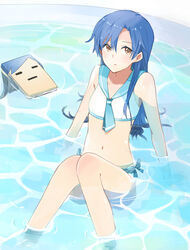  :o :| arm_support bikini blue_hair blush bow bow_bikini brown_eyes chihacula closed_mouth commentary_request female flat_chest hair_between_eyes idolmaster idolmaster_(classic) kisaragi_chihaya knees_together_feet_apart long_hair navel necktie open_mouth partially_submerged sailor_bikini sailor_collar sailor_swimsuit_(idolmaster) sitting solo sou_(tuhut) swimsuit wading_pool water white_bikini 