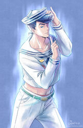  1boy artist_name aura belt blue_background blue_eyes blue_hair commentary_request cosplay crop_top diamond_wa_kudakenai dixie_cup_hat earrings hat heart higashikata_josuke higashikata_josuke_(jojolion) higashikata_josuke_(jojolion)_(cosplay) index_finger_raised jewelry jojo_no_kimyou_na_bouken jojolion male_focus midriff military_hat navel pompadour sailor sailor_collar signature snonfield solo underwear watermark web_address 