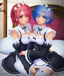  2girls apron bed blue_eyes blue_hair breasts detached_sleeves dress duo female hair_flower hair_ornament hair_over_one_eye hair_ribbon hairband headdress heart heart-shaped_pupils kaze_no_gyouja lips lipstick looking_at_viewer maid medium_breasts multiple_girls pink_hair pink_lipstick ram_(re:zero) re:zero_kara_hajimeru_isekai_seikatsu red_eyes rem_(re:zero) ribbon ribbon-trimmed_clothes ribbon-trimmed_legwear ribbon_trim short_hair siblings sisters sitting symbol-shaped_pupils thighhighs twins white_legwear white_thighhighs x_hair_ornament 