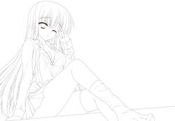  bad_id bad_pixiv_id breasts cleavage female kanemoto_akari line_art long_hair loose_socks medium_breasts monochrome noble_works rubbing_eyes skirt socks solo thighs yashiro_sayoi 