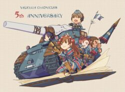  2boys 3girls alicia_melchiott brigitte_stark commentary_request edelweiss_(senjou_no_valkyria) gun isara_gunther largo_potter military military_vehicle motor_vehicle multiple_boys multiple_girls nemoko_(greensky-bird) rifle senjou_no_valkyria_(series) senjou_no_valkyria_1 tank weapon welkin_gunther 