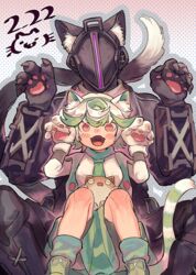  1boy animal_ears animal_hands bad_id bad_pixiv_id black_coat black_gloves black_pants blush bondrewd boots cat_ears cat_paws cat_tail claw_pose claws coat collared_coat dress fangs female gloves green_dress green_footwear green_hair heart helmet kemonomimi_mode looking_at_viewer made_in_abyss mask meinya_(made_in_abyss) multicolored_hair neckerchief open_mouth pants paw_gloves prushka red_eyes saiko67 sitting smile standing tail white_hair 