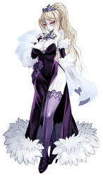  bare_shoulders breasts bridal_gauntlets cleavage dress elbow_gloves female flower fur gloves high_heels jewelry kenkou_cross long_hair looking_at_viewer mamono_girl_lover monster_girl monster_girl_encyclopedia necklace pale_skin payot ponytail red_eyes rose side_slit sidelocks silver_hair simple_background smile solo standing strapless_dress thighhighs tiara white_background wight_(mamono_girl_lover) wight_(monster_girl_encyclopedia) 