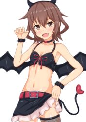  alternate_costume bat_wings blush breasts brown_eyes brown_hair commentary_request female hair_between_eyes hair_ornament hairclip halloween halloween_costume happy_halloween heart ikazuchi_(kancolle) kantai_collection linfa_(futari_midara) looking_at_viewer miniskirt open_mouth ribbon short_hair simple_background skirt small_breasts solo tail white_background wings 