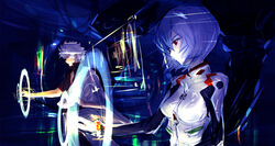  1boy ayanami_rei blue_hair bodysuit breasts cockpit commentary_request crossover female gintama glowing hair_ornament hayami_yuujirou hayashibara_megumi headgear highres holographic_interface indoors interface_headset jaeger_(pacific_rim) machinery medium_breasts multiple_crossover neon_genesis_evangelion pacific_rim photoshop_(medium) plugsuit red_eyes sakata_gintoki science_fiction short_hair sugita_tomokazu voice_actor_connection white_bodysuit white_hair 