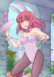  amashoku_jirou animal_ears bad_id bad_pixiv_id bow bowtie cup detached_collar drinking_glass female fishnet_pantyhose fishnets lizard moe2016 oerba_yun_fang original pantyhose playboy_bunny rabbit_ears red_eyes red_hair short_hair solo tray wine_glass wrist_cuffs 