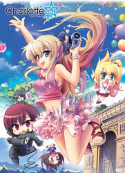  2boys 3girls arc_de_triomphe bad_id bad_pixiv_id blonde_hair blue_eyes camcorder casual cd charlotte_(anime) digital_media_player earphones earphones_removed frilled_skirt frills jumping long_hair multiple_boys multiple_girls murasame_rin nishimori_yusa otosaka_ayumi otosaka_yuu photoshop_(medium) ponytail shoes skirt takajou_joujirou toeless_footwear tomori_nao video_camera 