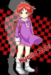  backpack bag character_name checkered female female gundam kycilia_zabi lowres machinosuke mobile_suit_gundam purple_eyes red_hair solo younger 