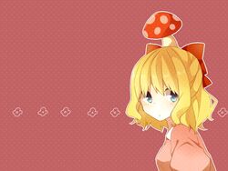  blonde_hair blue_eyes bow closed_mouth commentary_request female hair_between_eyes hairbow looking_to_the_side mother_(game) mother_2 mushroom mushroom_on_head nata_ichio paula_(mother_2) polka_dot polka_dot_background ramblin&#039;_evil_mushroom red_background red_bow ribbon short_hair solo 