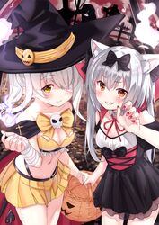  2girls alternate_costume animal_ear_fluff animal_ears ayanami_(azur_lane) ayanami_(witch_in_ambush)_(azur_lane) azur_lane bandage_over_one_eye bare_shoulders black_bow black_cape black_dress black_hat blush bow breasts brown_eyes cape cat_ears claw_pose cleavage closed_mouth collar collarbone commentary_request demon_tail detached_collar dress fingernails grey_hair grin hair_between_eyes hairbow halloween hand_up hat highres long_hair looking_at_viewer medium_breasts midriff multicolored_cape multicolored_clothes multiple_girls nail_polish navel neck_ribbon official_alternate_costume pink_nails pleated_skirt red_cape red_nails red_ribbon ribbon skirt skull small_breasts smile spirit tail tombstone tsukiman twintails very_long_hair white_collar wing_collar witch_hat yellow_skirt yukikaze_(azur_lane) 