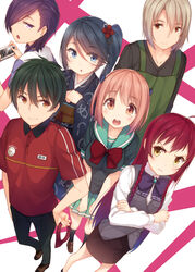  &gt;:( 3boys 3girls :d :o ahoge apron ashiya_shirou black_hair blue_eyes braid brand_name_imitation brown_eyes brown_hair commentary_request employee_uniform fast_food_uniform flower frown hair_flower hair_ornament hair_over_one_eye handheld_game_console hataraku_maou-sama! japanese_clothes kamazuki_suzuno kimono light_smile long_hair maou_sadao multiple_boys multiple_girls office_lady open_mouth pencil_skirt photoshop_(medium) playing_games playstation_portable polo_shirt purple_eyes purple_hair red_eyes red_hair sasaki_chiho school_uniform serafuku short_hair short_twintails side_ponytail siva_(executor) skirt smile twintails two_side_up uniform urushihara_hanzou v-shaped_eyebrows yellow_eyes yusa_emi 