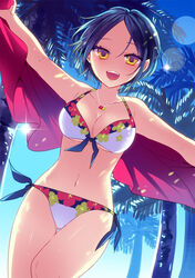  :d ass_visible_through_thighs beach bikini blue_hair breasts cleavage collarbone commentary_request female front-tie_top hayami_kanade idolmaster idolmaster_cinderella_girls jewelry lens_flare medium_breasts navel necklace open_mouth outdoors palm_tree parted_bangs short_hair side-tie_bikini_bottom smile solo swimsuit thigh_gap tree underboob wemu_(ivycrown) yellow_eyes 