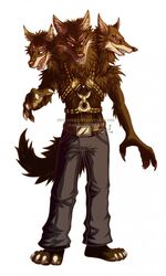  3:5 3_heads anthro brown_body brown_fur canid canid_demon canine canis cerberus demon european_mythology fur greek_mythology hellhound hi_res jwiesner male mammal multi_head multifur mythological_canine mythological_creature mythology solo wolf 