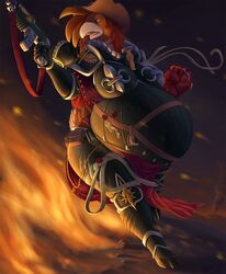  2018 adepta_sororitas anthro armor avian battle beak belly big_belly big_breasts bird blonde_hair blue_eyes bodbloat bolt_pistol bolter bone boob_armor breasts brown_body brown_feathers brown_hair chicken clothed clothing cowboy_hat curvy_figure detailed digital_media_(artwork) embers explosives feathers female fire fleur-de-lis front_view full-length_portrait galliform gallus_(genus) gloves grenade grey_beak gun hair handwear harness hat headgear headwear hi_res leather leather_armor multicolored_hair non-mammal_breasts open_beak open_mouth overweight overweight_anthro overweight_female phasianid portrait pregnant pregnant_anthro pregnant_female purity_seal ranged_weapon shoulder_guards sister_of_battle skull solo sparks tail tail_feathers thick_thighs tongue voluptuous warhammer_(franchise) warhammer_40000 wax_seal weapon wide_hips ysabelle_kentuck 