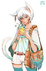  animal_ears bare_shoulders blue_eyes casual cat_ears cat_tail cellphone chocobo commentary_request earrings facial_mark fat_chocobo female final_fantasy final_fantasy_xiv highres jewelry looking_at_viewer miqo&#039;te pechan phone short_hair shorts simple_background smartphone solo standing tail thighhighs warrior_of_light_(ff14) white_hair 