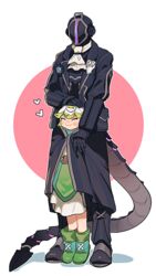  1boy bad_id bad_pixiv_id black_coat black_gloves blush blush_stickers bondrewd boots coat collared_coat dress female full_body gloves green_footwear green_hair hand_on_another&#039;s_head headpat heart helmet made_in_abyss multicolored_hair neckerchief prushka saiko67 shared_clothes shared_coat smile standing tail white_hair 