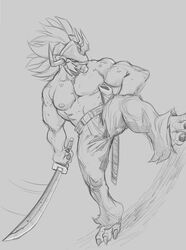  anthro badcoyote bandai_namco clothed clothing digimon digimon_(species) greyscale holding_melee_weapon holding_object holding_sword holding_weapon mask melee_weapon monochrome muscular muscular_anthro samudramon scabbard solo standing sword topless weapon 