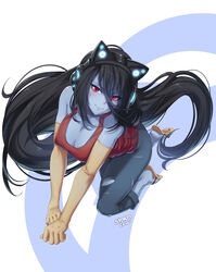  adventure_time animal_ear_headphones animal_ears axent_wear bad_id bad_pixiv_id bare_shoulders black_hair blue_skin breasts capri_pants cat_ear_headphones cleavage colored_skin denim elbow_gloves fake_animal_ears female flying gloves glowing hair_between_eyes headphones jeans large_breasts long_hair looking_at_viewer marceline_abadeer pants red_eyes sandals slippers smile solo stormcow tank_top torn_clothes torn_jeans torn_pants vampire very_long_hair 