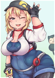  ass belly belt big_belly black_leggings blush breasts cleavage commentary_request covered_navel fat female female_protagonist_(pokemon_go) hair_between_eyes hat heo_(tkgm) holding large_breasts leggings looking_at_viewer one_eye_closed plump poke_ball pokemon pokemon_(creature) pokemon_go shirt smile snorlax ultra_ball waving white_shirt 