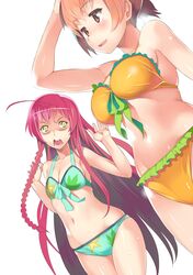  2girls ahoge bare_shoulders bikini blush braid breast_envy breasts brown_eyes brown_hair cleavage commentary_request frilled_bikini frills front-tie_top green_eyes hataraku_maou-sama! large_breasts long_hair multiple_girls navel open_mouth red_hair ryuuta_(msxtr) saliva sasaki_chiho shaded_face short_hair side_braid smile sweat swimsuit very_long_hair yellow_eyes yusa_emi 