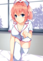  bad_id bad_pixiv_id bed blue_eyes blurry blush breasts cleavage closed_mouth collarbone depth_of_field downblouse eyebrows female hair_intakes hat hatsu_(first_snow) indoors large_breasts looking_at_viewer moe2016 nurse nurse_cap original pink_lips reaching short_hair short_sleeves smile solo thighhighs tree white_thighhighs window 