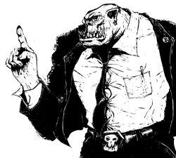  1boy belt belt_buckle buckle commentary_request earrings formal greyscale jewelry male_focus monochrome monocle necktie oerba_yun_fang orc ork_(warhammer) pen pointy_ears simple_background skull solo suit that_storyteller warhammer_40k white_background 