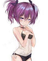  aisha_landar bad_id bad_pixiv_id choker cucurbita elsword female looking_at_viewer one-piece_swimsuit purple_eyes purple_hair short_hair solo swimsuit twintails void_princess_(elsword) white_background 