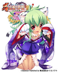  animal_ears animal_hands arms_up cat_ears cat_tail chains commentary_request copyright_name earrings female gloves gold green_hair hair_ornament highres japanese_clothes jewelry kimono kneeling koihime_musou leaning_forward long_hair moukaku natsusemi obi oerba_yun_fang official_art open_mouth paw_gloves paw_pose paw_shoes purple_kimono red_eyes sash shoes simple_background smile solo tail tiger_ears tiger_tail white_background 