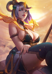  absurdres alternate_costume alternate_hairstyle armlet bangs bare_arms bare_shoulders blue_eyes boots breast_hold breasts center_opening chengyouliu cleavage cloud cloudy_sky crossed_arms dress eyelashes hair_ornament half-closed_eyes highres large_breasts lavender_hair league_of_legends lips looking_at_viewer lunar_empress_lux luxanna_crownguard nail_polish parted_lips short_hair sideboob sitting sky sleeveless sleeveless_dress solo staff swept_bangs teeth thick_eyebrows thigh_boots thighhighs tiara vambraces 