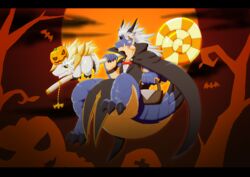  ajira anthro black_bars candy dessert dragon duo food fruit giant_candy giant_food halloween hi_res holidays kemono letterbox lollipop mythological_creature mythological_scalie mythology plant pumpkin scalie tail 