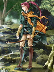  1boy armor armored_boots arrow_(projectile) belt boots bow_(weapon) cape commentary_request expressionless fire_emblem fire_emblem:_radiant_dawn forest green_background green_eyes highres holding looking_away looking_to_the_side male_focus nature ponytail purple_hair shinon_(fire_emblem) solo tamamon tree vest weapon 