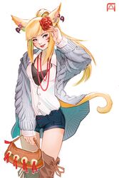  absurdres animal_ears blonde_hair blue_eyes casual cat_ears cat_tail commentary_request earrings facial_mark female final_fantasy final_fantasy_xiv flower hair_flower hair_ornament highres jewelry kaiyoko_star long_hair miqo&#039;te necklace pechan shorts simple_background solo standing tail warrior_of_light_(ff14) yellow_tail 