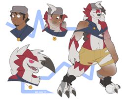  anthro claws clothed clothing generation_7_pokemon hat headgear headwear human jewelry lycanroc male mammal midnight_lycanroc necklace nintendo pokemon pokemon_(species) see-saw solo torn_clothing transformation 