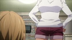  animated animated bakuman bent_over black_eyes bouncing_breasts breasts brown_hair female hands_on_hips large_breasts long_hair lowres miyoshi_kaya open_mouth ponytail short_hair shorts takagi_akito talking 