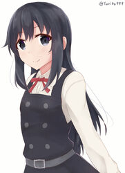  asashio_(kancolle) asashio_kai_ni_(kancolle) belt belt_buckle black_dress black_hair bow bowtie buckle buttons collared_shirt commentary_request double-breasted dress dress_shirt female from_side grey_belt grey_eyes highres kantai_collection long_hair long_sleeves looking_at_viewer looking_to_the_side neck_ribbon pinafore_dress red_bow red_bowtie red_ribbon ribbon school_uniform shirt simple_background sleeveless sleeveless_dress smile solo twitter_username white_background white_shirt yoriha_yashiro 