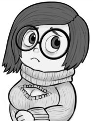  blush breasts cleavage clothed clothing disney eyewear female frown glasses grandfathered_content greyscale humanoid inside_out livesmutanon monochrome not_furry pixar sadness_(inside_out) simple_background solo 