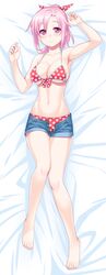  212_(kisaragi) amatsuka_megumi_(gj-bu) armpits arms_up bad_id bad_pixiv_id barefoot bikini bikini_under_clothes blue_shorts blush bow breasts cleavage dakimakura_(medium) denim denim_shorts eyebrows feet female front-tie_bikini_top front-tie_top full_body gj-bu hair_ribbon hairbow highres knees_together_feet_apart large_breasts looking_at_viewer lying navel on_back open_clothes open_fly open_shorts pink_eyes pink_hair polka_dot polka_dot_bikini polka_dot_ribbon ponytail red_bikini ribbon short_shorts shorts smile solo strap_gap swimsuit thigh_gap unbuttoned underboob 