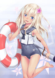  barefoot blonde_hair blue_eyes commentary_request crop_top doonatsu. female flower hair_flower hair_ornament kantai_collection lifebuoy long_hair one-piece_swimsuit ro-500_(kancolle) sailor_collar school_swimsuit swim_ring swimsuit swimsuit_under_clothes tan tanlines torpedo 