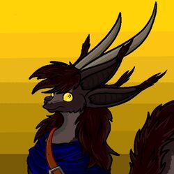  2015 anthro black_body black_fur brown_hair clothing digital_media_(artwork) dragon fur furred_dragon furred_scalie hair horn male mirroid mirroidal multi_ear mythological_creature mythological_scalie mythology pixel_(artwork) sairlan_(mirroidal) scalie simple_background solo yellow_eyes 