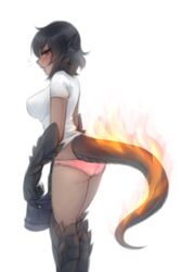  alternate_costume alternate_hair_color alternate_hair_length alternate_hairstyle animal_hands black_hair blush breasts dark-skinned_female dark_skin dressing female fiery_tail fins fire from_side head_fins holding holding_clothes large_breasts lizard_tail monorus monster_girl monster_girl_encyclopedia no_pants panties pink_panties profile red_eyes reptile_girl salamander_(monster_girl_encyclopedia) scales shirt short_hair short_shorts shorts simple_background solo t-shirt tail underwear white_background white_shirt 