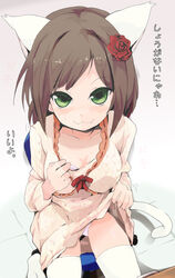  :3 animal_ears blush brown_hair cat_ears cat_tail clothes_lift collarbone commentary_request dress dress_lift female flower green_eyes hair_ornament idolmaster idolmaster_cinderella_girls long_sleeves maekawa_miku photoshop_(medium) rakkogawa_rinro rose short_hair sitting solo tail thighhighs translated white_thighhighs 