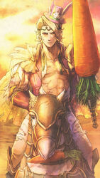  1boy abs alternate_costume animal_ears asukan blonde_hair boots capelet carrot commentary_request fire_emblem fire_emblem_fates fire_emblem_heroes flower hat highres horse injury male_focus photoshop_(medium) rabbit_ears red_eyes sky solo tiara topless_male torn_clothes weapon xander_(fire_emblem) xander_(spring)_(fire_emblem) 