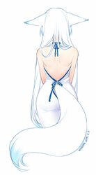  animal_ears artist_name ass back backless_outfit bare_shoulders commentary_request dated dress female fox_ears fox_tail konshin long_hair orie_mishiro original solo tail very_long_hair white_dress white_hair 