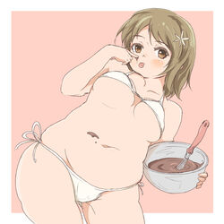  belly bikini bikini_top_only blush breasts brown_eyes brown_hair chocolate cleavage come_hither commentary_request curvy eating fat female finger_to_mouth food_on_body food_on_hand glutton hair_between_eyes hair_ornament heo_(tkgm) hip_focus holding idolmaster idolmaster_cinderella_girls looking_at_viewer mimura_kanako mixing_bowl navel plump short_hair side-tie_bikini_bottom swimsuit tongue tongue_out whisk 