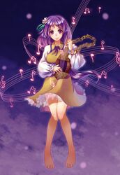  barefoot chains commentary_request cuffs dress female flower hair_flower hair_ornament highres instrument long_hair lute_(instrument) musical_note purple_eyes purple_hair rainbow2319682 shackles smile solo staff_(music) touhou tsukumo_benben 